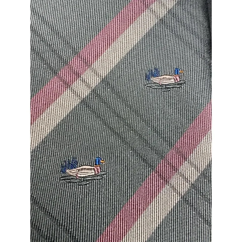 Vintage Stonehenge Silk Tie Mallard Duck Stripe Gray Pink 56” Novelty Necktie